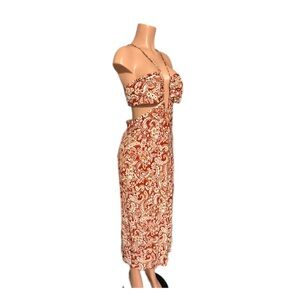 Zara Rust and Ivory Paisley Cutout Midi Dress with Halter Strap